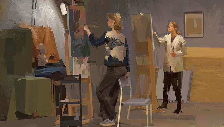 Digital painting of two people painting on canvas
