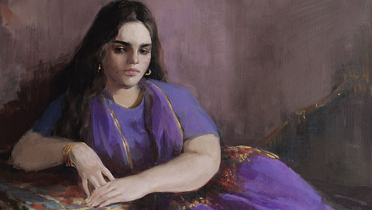 Maleri af Olga Guzhina - kvinde i lilla kjole